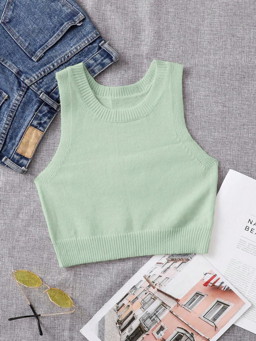 SHEIN Unity Solid Ribbed Knit Sweater Vest - Mint Green - View 1