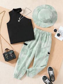 SHEIN 女小童小高領背心上衣和紮染長褲和帽 - 彩色 - 查看 1