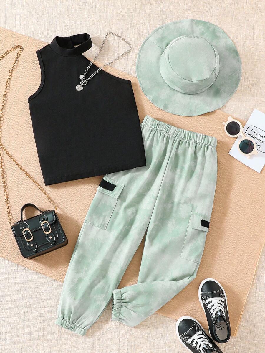 SHEIN 女小童小高領背心上衣和紮染長褲和帽 - 彩色 - 查看 1