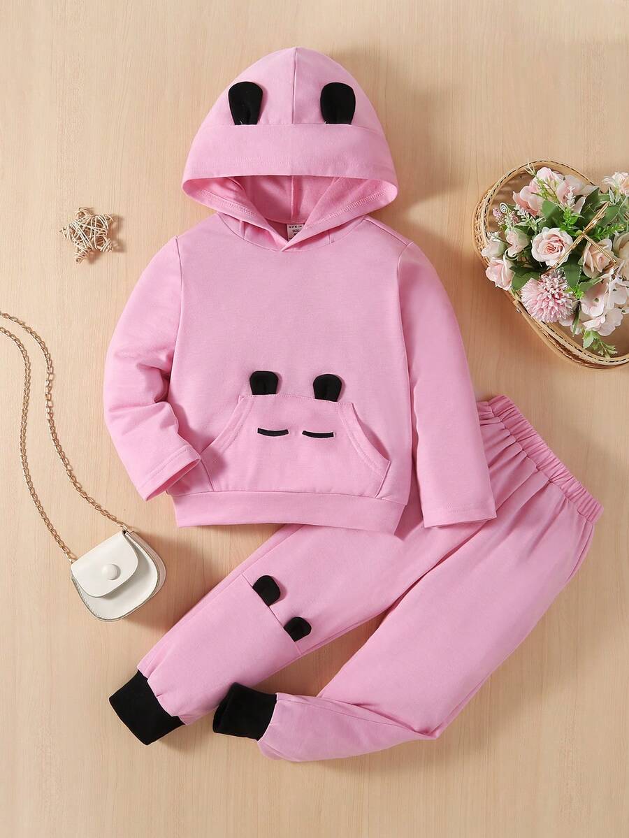 SHEIN 女小童3D耳朵設計連帽衫和運動褲 - 粉色 - 查看 1