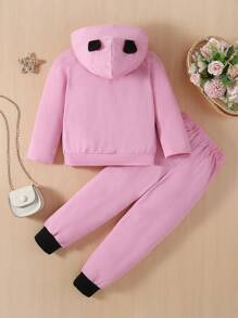 SHEIN 女小童3D耳朵設計連帽衫和運動褲 - 粉色 - 查看 2