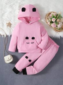 SHEIN 女小童3D耳朵設計連帽衫和運動褲 - 粉色 - 查看 6