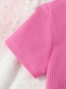 SHEIN Young Girl Slogan Patched Detail Tee & Trousers - Hot Pink - View 5