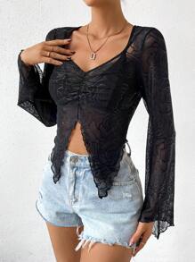 SHEIN Privé Áo nữ Xù Chia cắt màu trơn Gợi cảm - màu đen - Xem 1