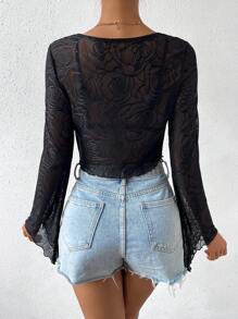 SHEIN Privé Áo nữ Xù Chia cắt màu trơn Gợi cảm - màu đen - Xem 2