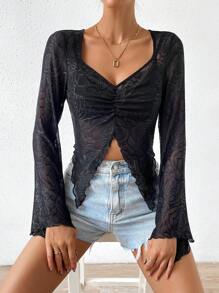 SHEIN Privé Áo nữ Xù Chia cắt màu trơn Gợi cảm - màu đen - Xem 3