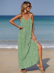 SHEIN VCAY In hoa Ditsy Tách đùi Váy Dây - màu xanh lá - Xem 3