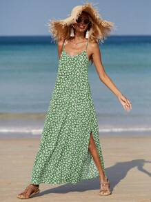 SHEIN VCAY In hoa Ditsy Tách đùi Váy Dây - màu xanh lá - Xem 5