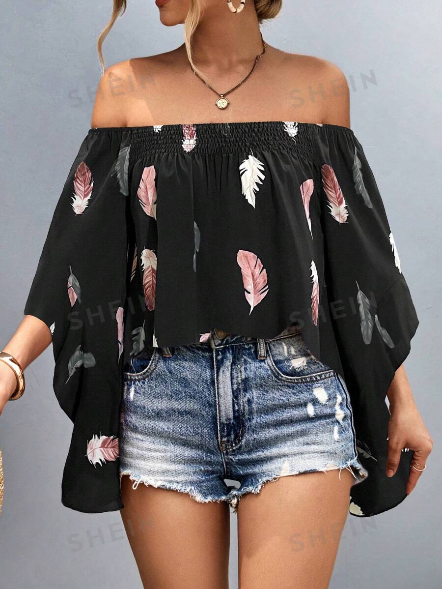 SHEIN Unity Blusa con estampado de pluma de hombros descubiertos manga de campana