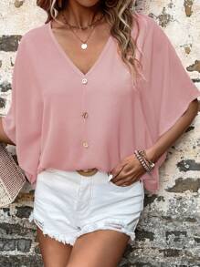 SHEIN LUNE 素色蝙蝠袖紐扣細節襯衫 - 淺粉色 - 查看 3