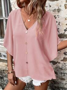 SHEIN LUNE 素色蝙蝠袖紐扣細節襯衫 - 淺粉色 - 查看 5