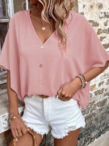 SHEIN LUNE 素色蝙蝠袖紐扣細節襯衫 - 淺粉色 - 查看 6