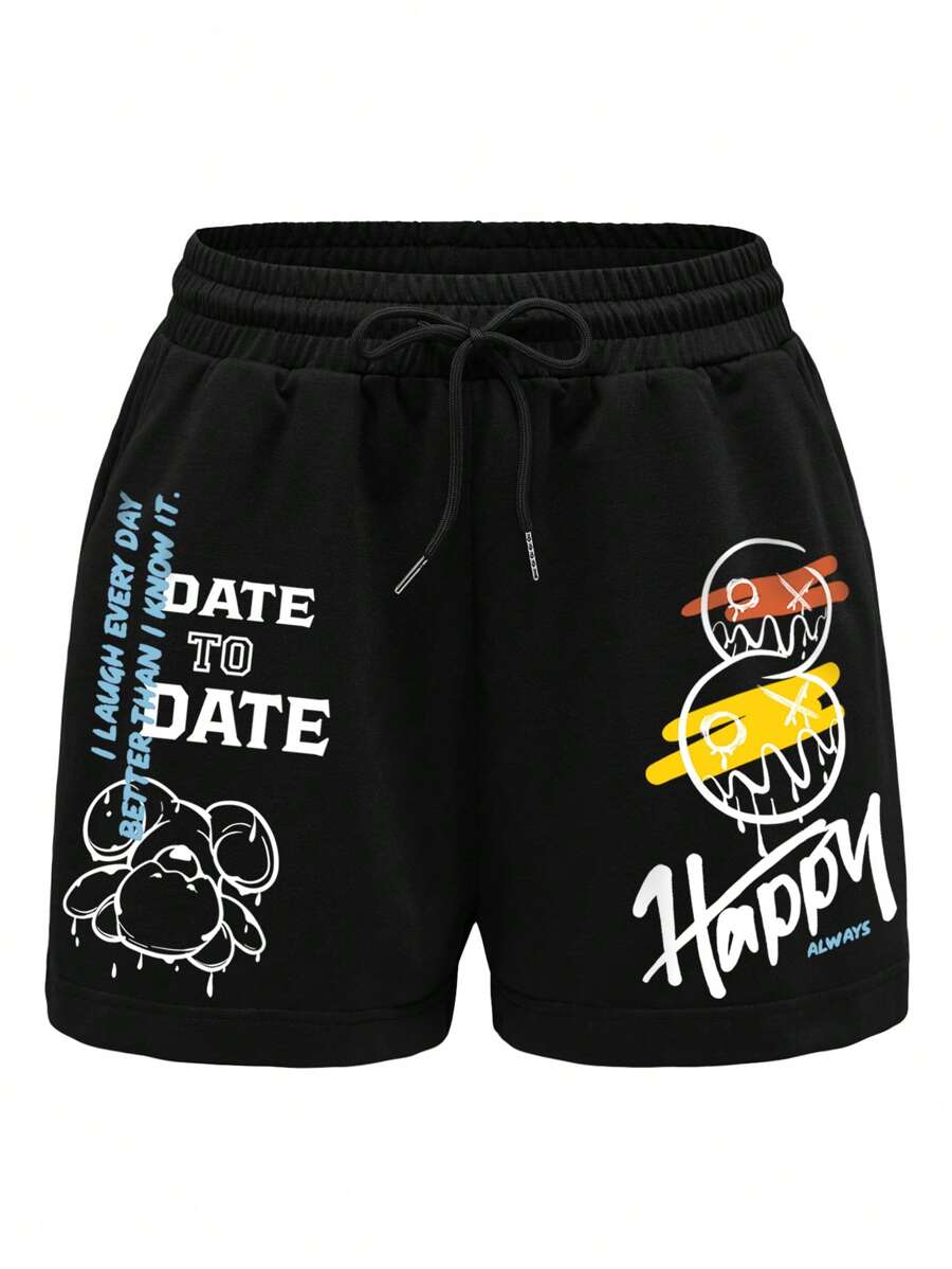 INAWLY Đồ họa hoạt hình và khẩu hiệu Eo dây rút Quần short - màu đen - Xem 1