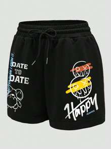 INAWLY Đồ họa hoạt hình và khẩu hiệu Eo dây rút Quần short - màu đen - Xem 4