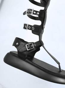 SHUZIA Faux Leather Buckled Ankle Strap Thong Sandals