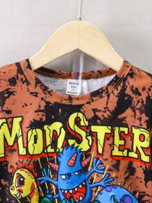 SHEIN 男小童休閒卡通字母圖案2入組小圓領T恤和短褲套裝,夏天 - 彩色 - 查看 4