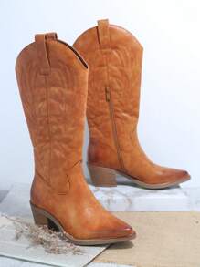 SHUZIA Minimalist Side Zipper Chunky Heeled Boots - Brown - View 2