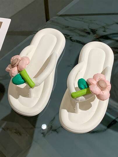 女士花朵裝飾人字拖,時尚海灘人字拖