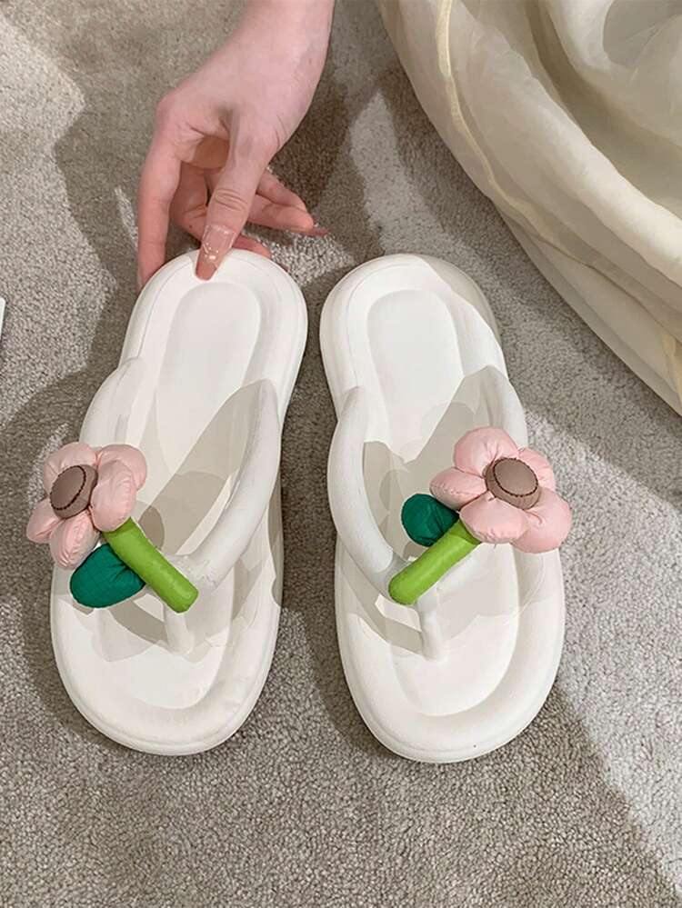女士花朵裝飾人字拖,時尚海灘人字拖 - 白色 - 查看 3