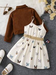 SHEIN 女小童翻蓋細節夾克&蝴蝶圖案吊帶連衣裙 - 彩色 - 查看 2