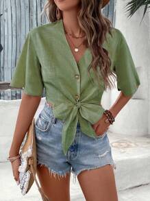 SHEIN VCAY Chất rắn Nút phía trước Nút viền Áo sơ mi Crop - xanh quân đội - Xem 1