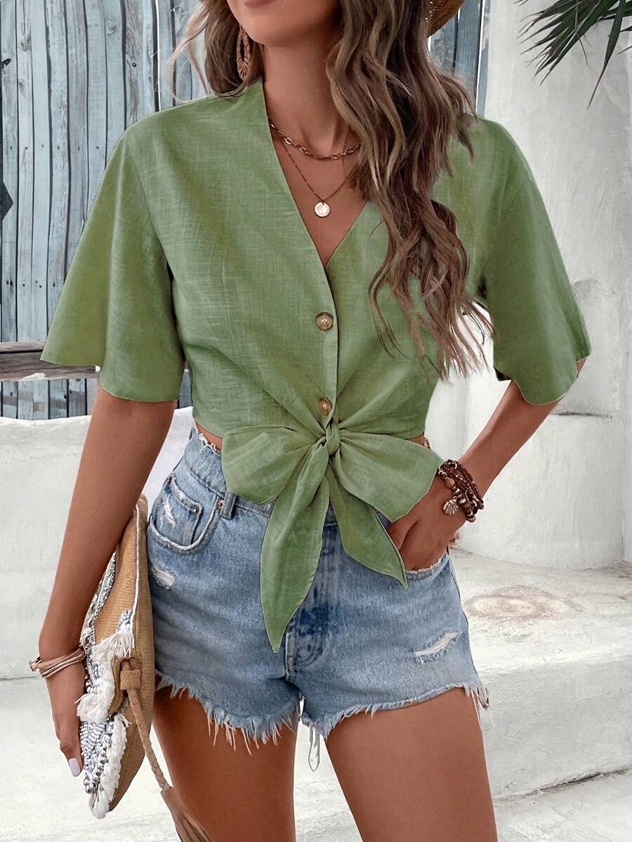 SHEIN VCAY Chất rắn Nút phía trước Nút viền Áo sơ mi Crop - xanh quân đội - Xem 1