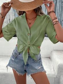 SHEIN VCAY Chất rắn Nút phía trước Nút viền Áo sơ mi Crop - xanh quân đội - Xem 5