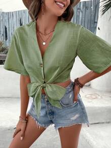 SHEIN VCAY Chất rắn Nút phía trước Nút viền Áo sơ mi Crop - xanh quân đội - Xem 6