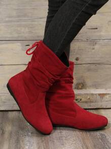 Fashion Red Slouchy Boots For Women, Faux Suede Ruched Detail Boots - Red - View 1