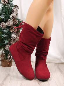 Fashion Red Slouchy Boots For Women, Faux Suede Ruched Detail Boots - Red - View 3
