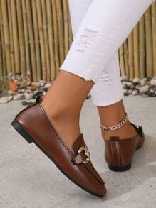 2025年秋季女士链条装饰方头平底鞋，时尚棕色户外休闲平底乐福鞋 - 棕色 - 查看 6