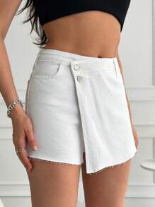 RueChic Solid Raw Hem Denim Skort - White - View 4