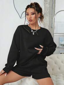 INAWLY 素色落肩袖運動衫和短褲 - 黑色 - 查看 1