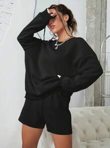 INAWLY 素色落肩袖運動衫和短褲 - 黑色 - 查看 3