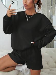 INAWLY 素色落肩袖運動衫和短褲 - 黑色 - 查看 4