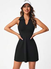 SHEIN Sports 素色半拉鏈無袖運動裙裝 - 黑色 - 查看 4