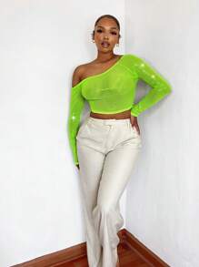 SHEIN SXY Áo nữ Bất đối xứng màu trơn Gợi cảm - Màu xanh chanh - Xem 3