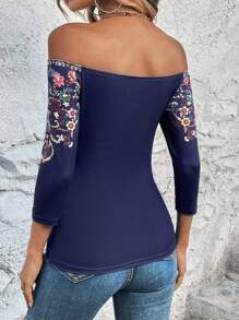 SHEIN Clasi Camiseta con estampado floral de hombros descubiertos - Azul Marino - Ver 2
