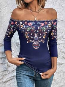 SHEIN Clasi Camiseta con estampado floral de hombros descubiertos - Azul Marino - Ver 4