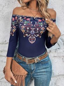 SHEIN Clasi Camiseta con estampado floral de hombros descubiertos - Azul Marino - Ver 5