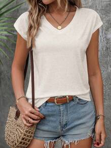 Breezaya Solid Batwing Sleeve V Neck Tee - Beige - View 1