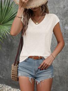 Breezaya Solid Batwing Sleeve V Neck Tee - Beige - View 3