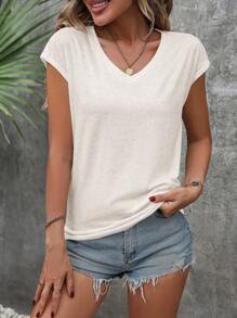 Breezaya Solid Batwing Sleeve V Neck Tee - Beige - View 6