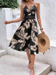 SHEIN Frenchy Bản in nhiệt đới Chèn ren Guipure Váy Dây - màu đen - Xem 5