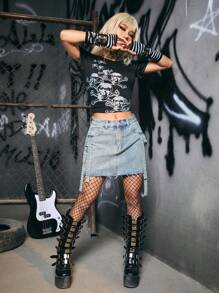 ROMWE Grunge Punk 素色毛邊牛仔半身裙 - 淺色水洗藍 - 查看 6