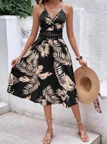 SHEIN Frenchy Bản in nhiệt đới Chèn ren Guipure Váy Dây - màu đen - Xem 6