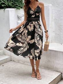 SHEIN Frenchy Bản in nhiệt đới Chèn ren Guipure Váy Dây - màu đen - Xem 7