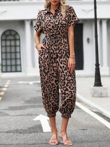 SHEIN LUNE 豹紋印花蝙蝠袖腰帶襯衫連體褲 - 彩色 - 查看 5