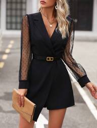 SHEIN Clasi Nuevo mono de estilo francés con cuello de contraste de encaje y puños largos, adecuado para ir a trabajar, fiestas, vacaciones y Año Nuevo, apropiado para otoño, invierno y primavera