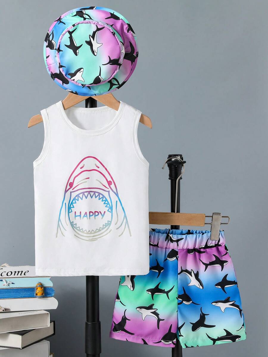 SHEIN Young Boy Shark & Letter Graphic Tank Top & Shorts & Hat - Multicolor - View 1